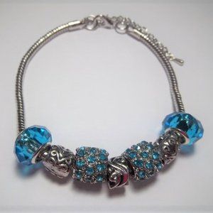Charm Beaded Bracelet Aqua Rhinestone Glass Metal Lined
